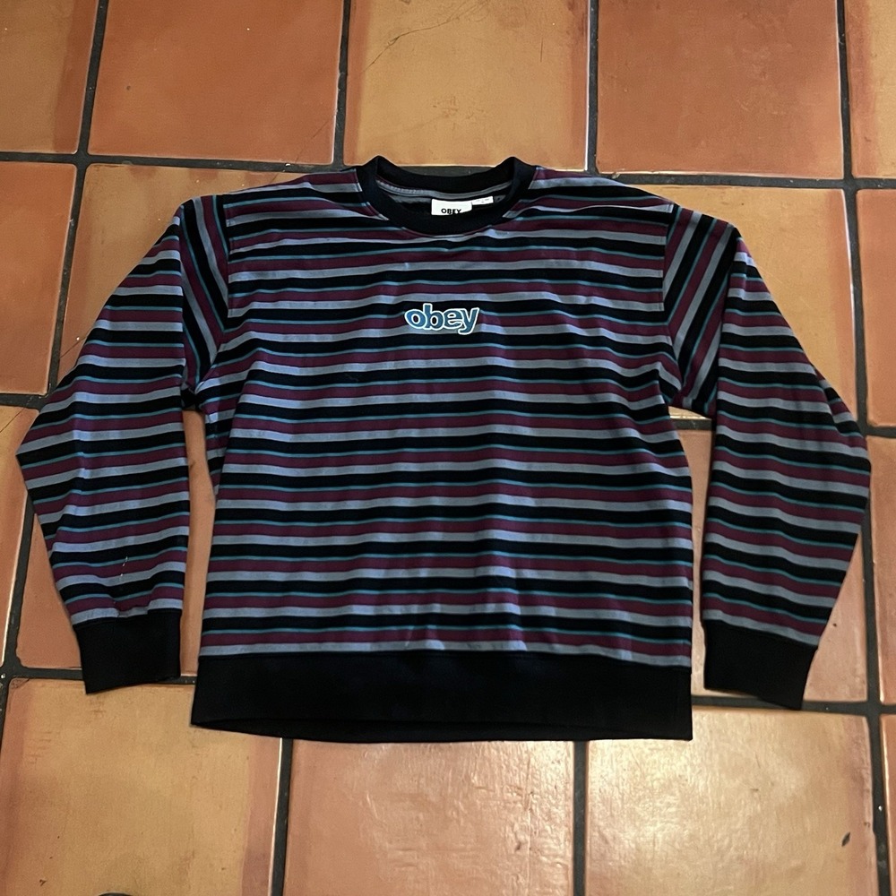 Obey Purple Blue & Grey Striped Fleece Brushed Sweatshirt‎ Size Medium